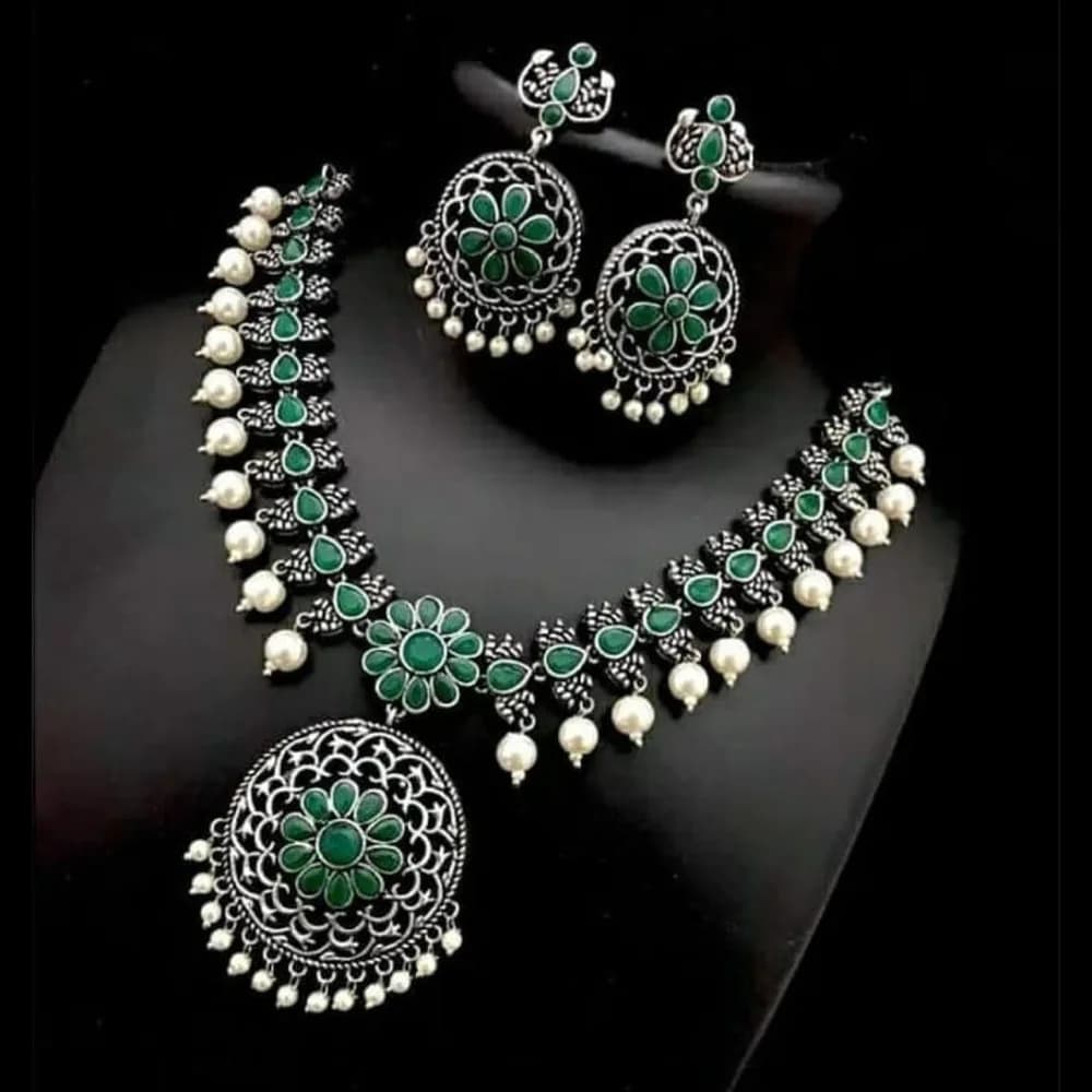 Panna green stone oxidised choker set with earrings
