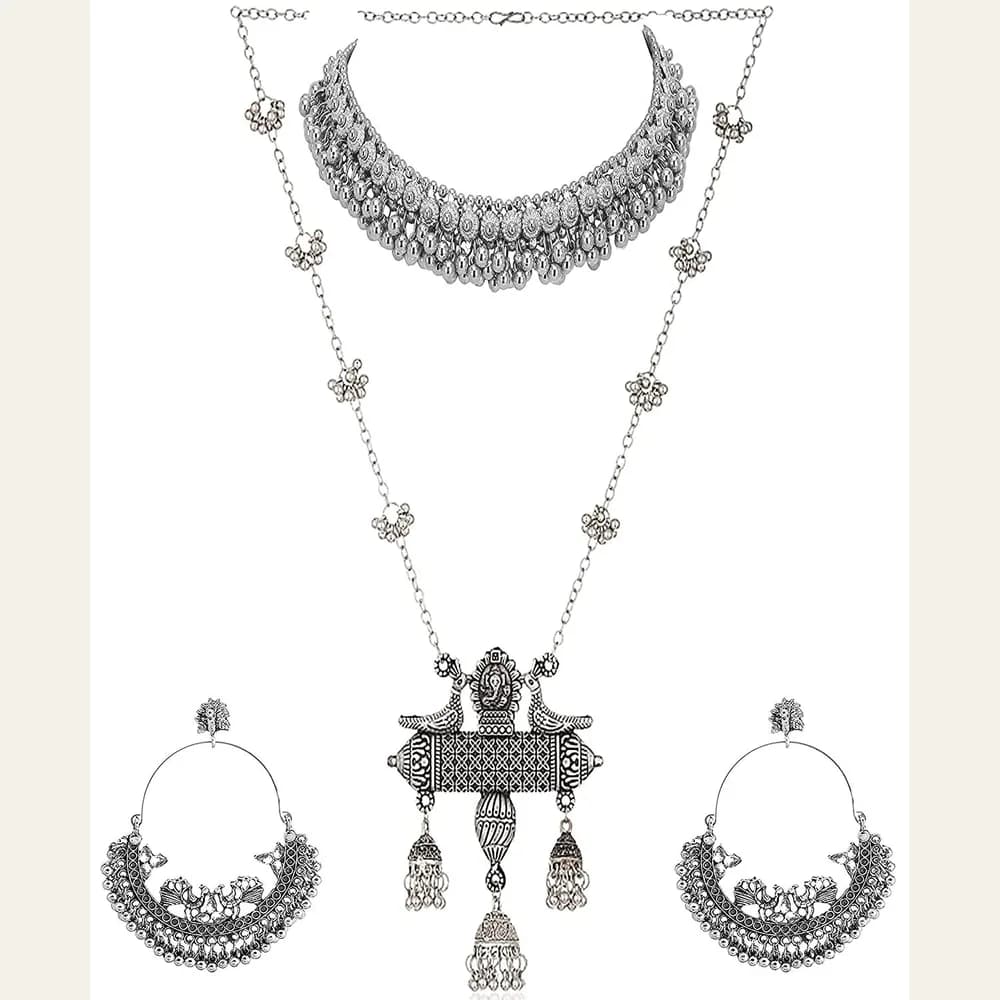 Mor oxidised ghungroo choker, long peacock necklace and chandbali earrings