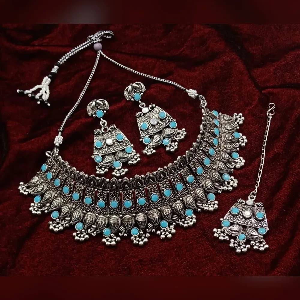 Neelam turquoise oxidised choker set with earrings and maang tikka